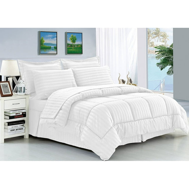 Celine Linen Wrinkle Resistant - Luxury Silky Soft Dobby Stripe Bed-in-a-Bag 8-Piece Comforter Set --HypoAllergenic - King White