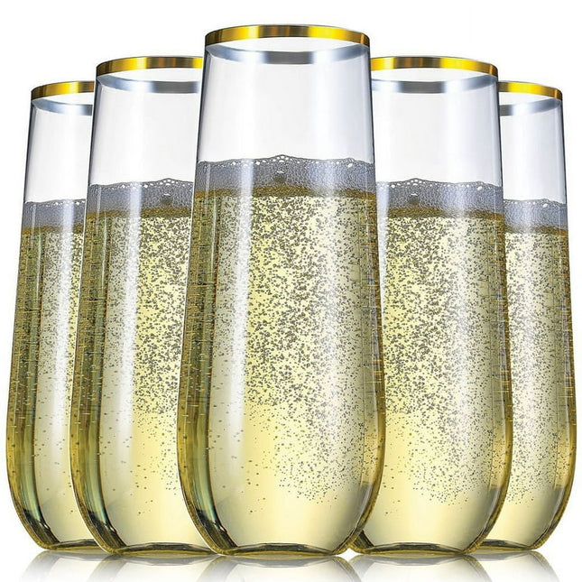 Chateau Glasses 36 Pack Plastic Stemless Champagne Flutes, 9 oz Clear Drinking & Toasting Glass with Elegant Gold Rim, Disposable Drinkware