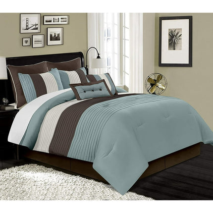 Chezmoi Collection Luxury Pleated Striped Comforter Set, Full, Blue/Brown/Beige, 8-Piece