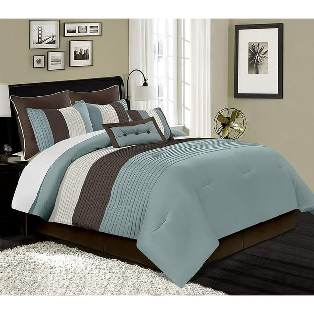 Chezmoi Collection Luxury Pleated Striped Comforter Set, Full, Blue/Brown/Beige, 8-Piece