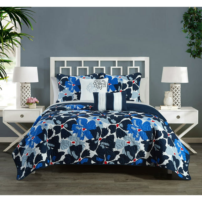 Chic Home Astra 5 Piece Quilt Set Contemporary Floral Design Bedding - Decorative Pillows Shams Included, King, Blue