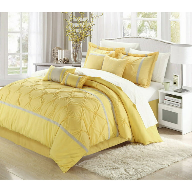 Chic Home Vermont Embroidered Solid Pleating 8 Pieces Comforter - King 110x90, Yellow