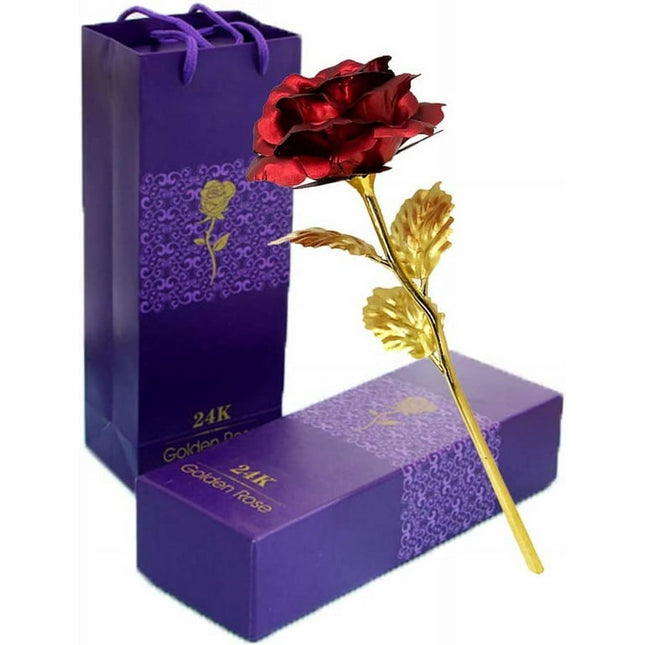 Christmas Romantic Single 24K Gold-Plated Red Rose - The Perfect Gift for Birthday, Valentine's Day, Engagement, Proposal, Wedding or Anniversary