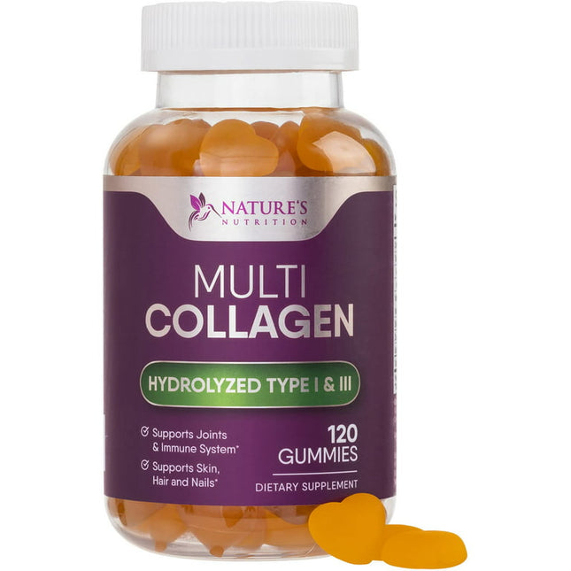 Collagen Gummies with Biotin - Hydrolyzed Collagen Peptides Supplement Types I and III - Support for Hair, Skin, Nails, and Joints - Gluten Free and Non-Gmo - Orange Gummy Vitamins - 120 Capsules