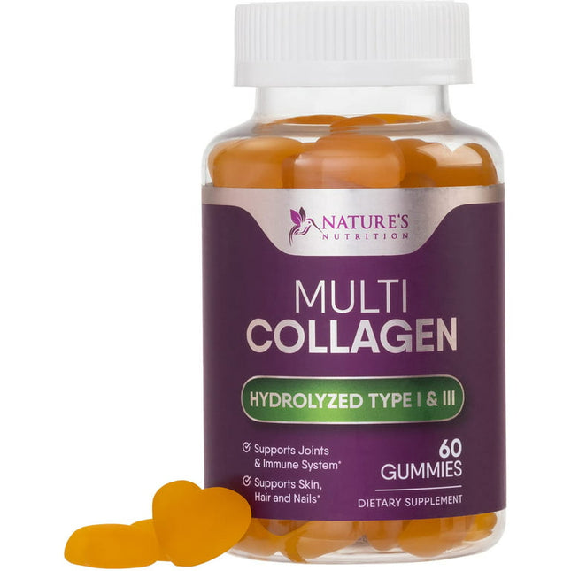 Collagen Gummies with Biotin - Hydrolyzed Collagen Peptides Supplement Types I and III - Support for Hair, Skin, Nails, and Joints - Gluten Free and Non-Gmo - Orange Gummy Vitamins - 60 Capsules