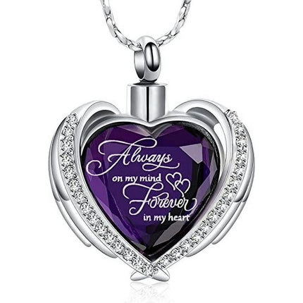 Cremation Jewelry Angel Wing Heart Urn Pendant Necklaces for Women Crystal Birthstone Urns for Human Ashes Memorial Locket Keepsake Ashes Jewelry
