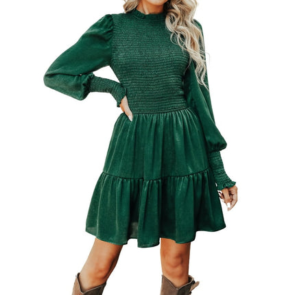 Cupshe Women's High Neck Ruched Short Length Dresses Long Sleeves Smocked Dress with Tiered Hem