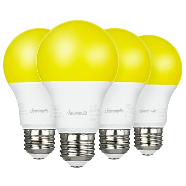 DEWENWILS Yellow LED Light Bulbs,Amber Glow Outdoor Bug LED Bulbs for Porch Outdoor Light Fixture, 9W(60W Equivalent) 600LM 2400K E26 Medium Base,UL Listed,4-Pack