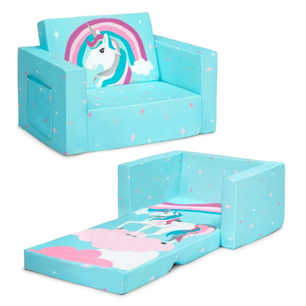 Delta Children Cozee Flip-Out Chair - 2-in-1 Convertible Chair to Lounger for Kids, Blue Unicorn