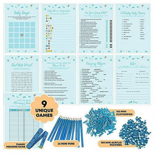 Dessie Baby Shower Games for Boys - Ultimate Boy Baby Shower Set | Includes 9 Unique Games, 25 Pens and Baby Boy Shower Decorations (100 Mini Clothespins +100 Mini Acrylic Pacifiers)