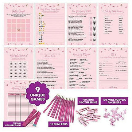 Dessie Baby Shower Games for Girls - 9 Unique Girl Baby Shower Games, 100 Mini Clothespins, 100 Mini Acrylic Pacifiers, 25 Pens