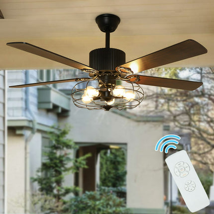 DingLiLighting 52'' Caged Industrial Ceiling Fan with Light Remote Control, Indoor and Outdoor 5 Blades Matte Black Ceiling Fan for Living Bedroom, 3 Wind Speed, Timing, Reverse Airflow
