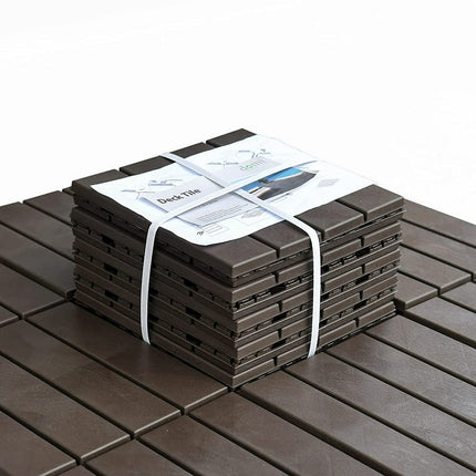Domi Outdoor Living Patio Deck Tiles, 12 x 12 inches Composite Interlocking Decking Tile, Four Slat Plastic Outdoor Flooring, 9 Pieces One Pack, Dark Brown