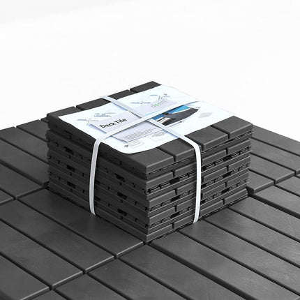 Domi outdoor living Patio Deck Tiles, 12 x 12 inches Composite Interlocking Decking Tile, Four Slat Plastic Outdoor Flooring, 9 Pieces One Pack, Dark Grey