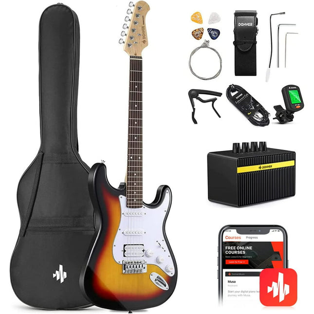 Donner 39" Electric Guitar Beginner Kit Solid Body Full Size Sunburst HSS for Starter, with Amplifier, Bag, Digital Tuner, Capo, Strap, String, Cable, Picks, DST-102S