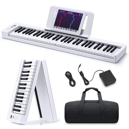 Donner DP-06 61 Keys Folding Piano Keyboard for Beginner, with Bluetooth, Music Rest, Piano Bag, Piano Pedal, Piano APP, White