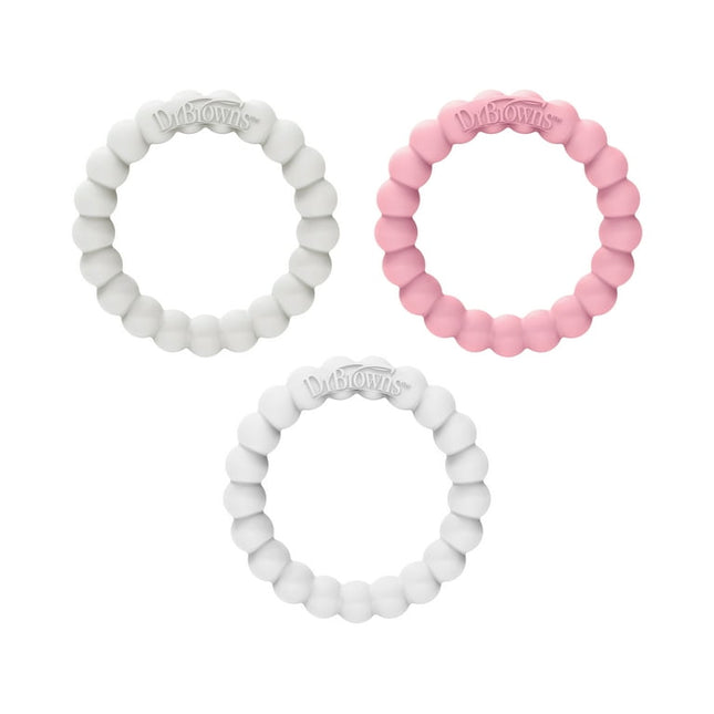 Dr. Brown’s Flexees Beaded Teether Rings, 100% Silicone, Soft & Easy to Hold, Encourages Self-Soothe, 3 Pack, Pink, White, Gray, BPA Free, 3m+
