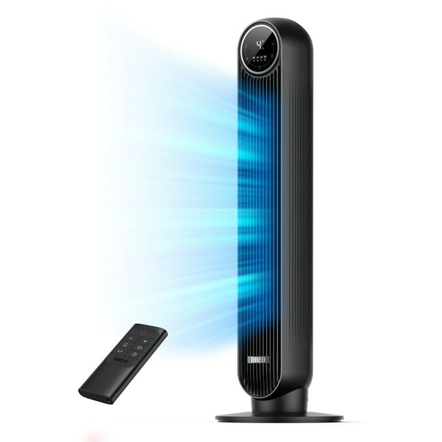 Dreo Tower Fans for Home, 24ft/s Velocity Quiet Bladeless Floor Fan with Remote, 90° Oscillating Standing Fans for Bedroom with 4 Speeds, 4 Modes, 8H Timer, Black, Nomad One