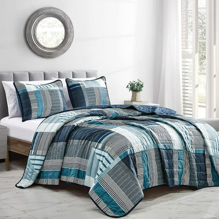 ESCA 3-Piece Teal & Gray Abstract BRUISE Reversible Quilt Set - Queen