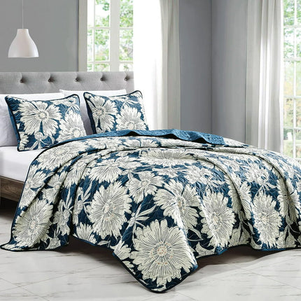 ESCA 3-Piece White and Teal Duo Floral ASIRA Reversible Quilt Set - Queen