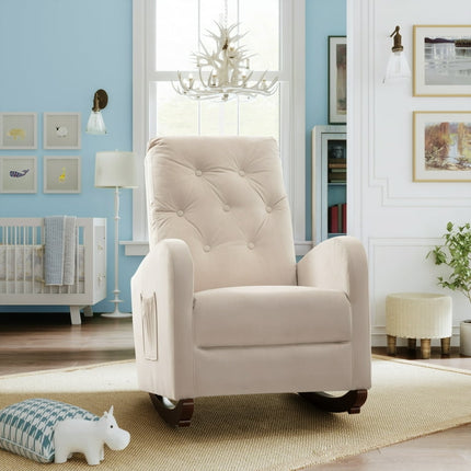 EUROCO High Back Rocking Chair Nursery Chair, Comfortable Rocker Fabric Padded Seat, Modern High Back Armchair, Upholstered Rocking Chair for Living Room,Beige