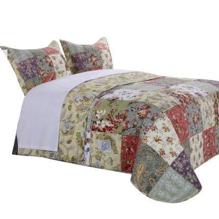 Eiger 3 Piece Fabric Queen Size Quilt Set with Jacobean Prints, Multicolor- Saltoro Sherpi
