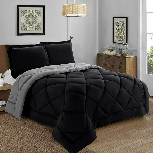 Elegant Comfort 3-Piece Reversible Comforter Set, All Season Suitable, Box-StiSerieshed Down Alternative, Full/Queen, Black/Gray