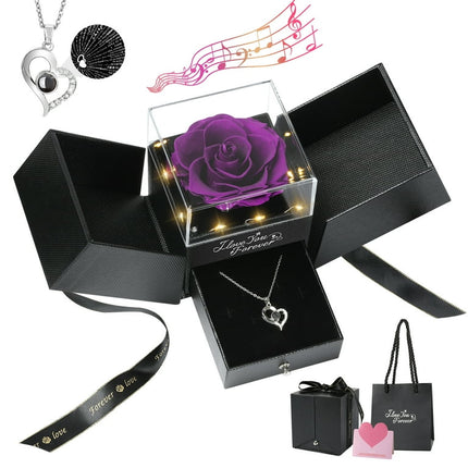 Emibele Preserved Rose Flower with Heart Necklace, Eternal Purple Real Rose with Music LED Lights for Her Women Wife Grandma Anniversary Birthday Romantic Gifts, Purple