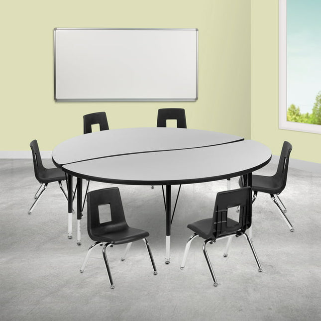 Emma + Oliver 60" Circle Wave Activity Table Set with 12" Student Stack Chairs, Grey/Black