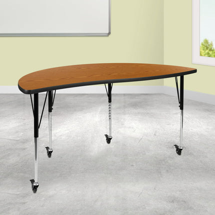 Emma + Oliver Mobile 60" Half Circle Wave Flexible Collaborative Oak Adjustable Height Activity Table