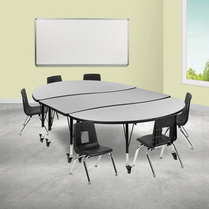 Emma + Oliver Mobile 86" Oval Wave Activity Table Set-12" Student Stack Chairs, Grey/Black