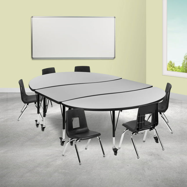 Emma + Oliver Mobile 86" Oval Wave Activity Table Set-12" Student Stack Chairs, Grey/Black