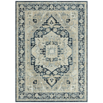 Everwash Treasure Rubia Traditional Medallion Machine Washable Indoor Area Rug, Ivory/Navy Blue, 6'6"x9'2"