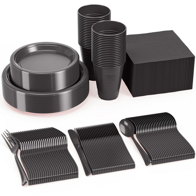 Exquisite 350 Piece Solid Color Disposable Plastic Party Tableware Combo Set - Black