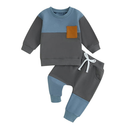 Fall Winter Toddler Baby Boy Clothes 6M 12M 18M 24M 3Y Color Block Crewneck Sweatshirt and Cotton Pants Sets Cute Outfits