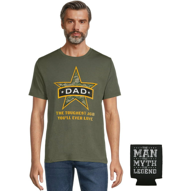 Father's Day Army Dad Men's Graphic Tee Shirt & Drink Cooler Gift 2-Piece Set, Sizes S-3XL