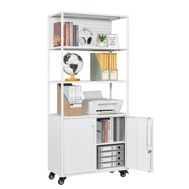 Fesbos 5-Tier Metal Storage Shelves with Lock and Pegboard - 71" Tall Bookcase with 2 Doors, Steel Bookshelf Storage Cabinet with Wheel & Hook for Home Office, Living Room, Garage