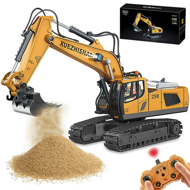 Ficcug Remote Control Excavator 11 Channel Rechargeable RC Truck Construction Tractor Car Toys with Metal Shovel Lights Sounds,Toy Gift for Boys Girls Kids