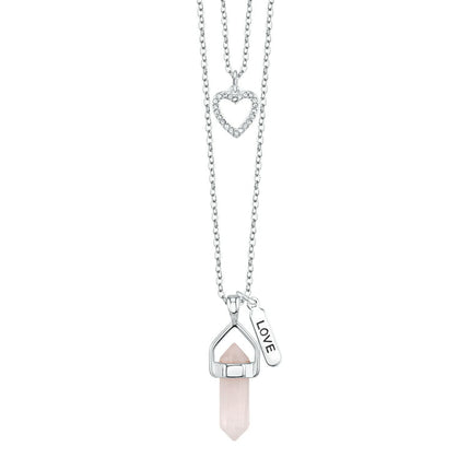 Fine Silver Plated Rose Quartz Two Layer Necklace with Crystal Heart Charm