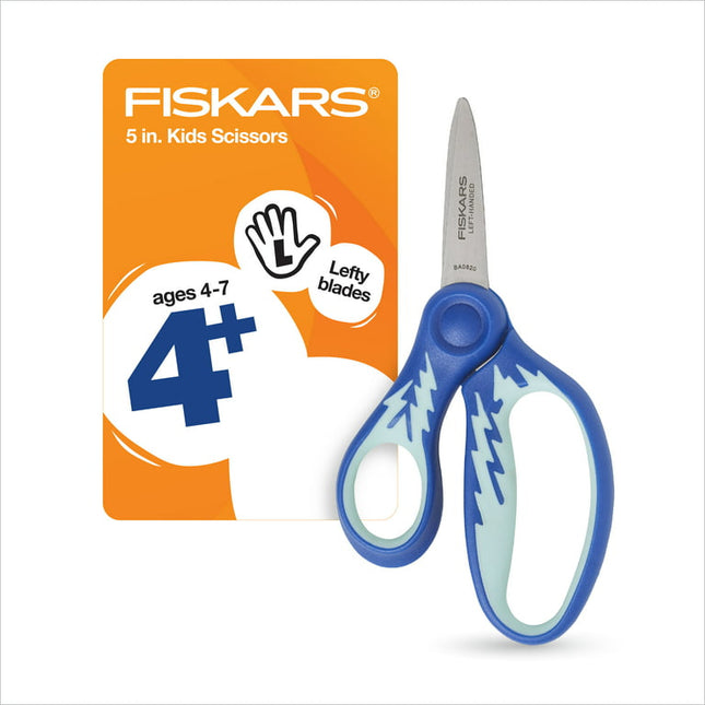 Fiskars SoftGrip Left-Handed Kids Scissors, 5", Pointed, School Supplies for Kids 4+, Blue Lightning