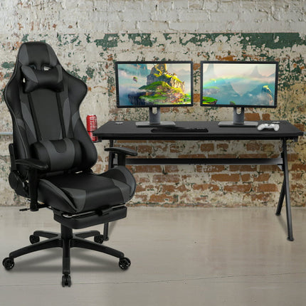 Flash Furniture Gaming Desk and Gray Footrest Reclining Gaming Chair Set - Cup Holder/Headphone Hook/Removable Mouse Pad Top/Wire Management