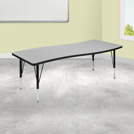 Flash Furniture Wren 26"W x 60"L Rectangular Wave Flexible Collaborative Grey Thermal Laminate Activity Table - Height Adjustable Short Legs