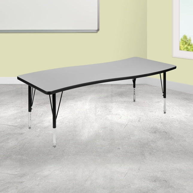 Flash Furniture Wren 26"W x 60"L Rectangular Wave Flexible Collaborative Grey Thermal Laminate Activity Table - Height Adjustable Short Legs