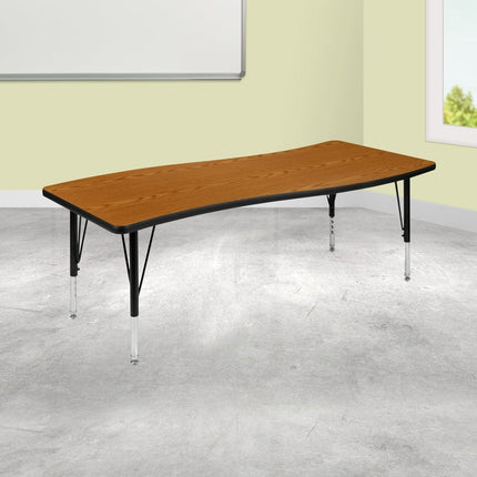 Flash Furniture Wren 26"W x 60"L Rectangular Wave Flexible Collaborative Oak Thermal Laminate Activity Table - Height Adjustable Short Legs