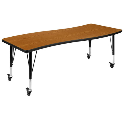 Flash Furniture Wren Mobile 26"W x 60"L Rectangle Wave Flexible Collaborative Oak Laminate Activity Table - Height Adjust Short Legs