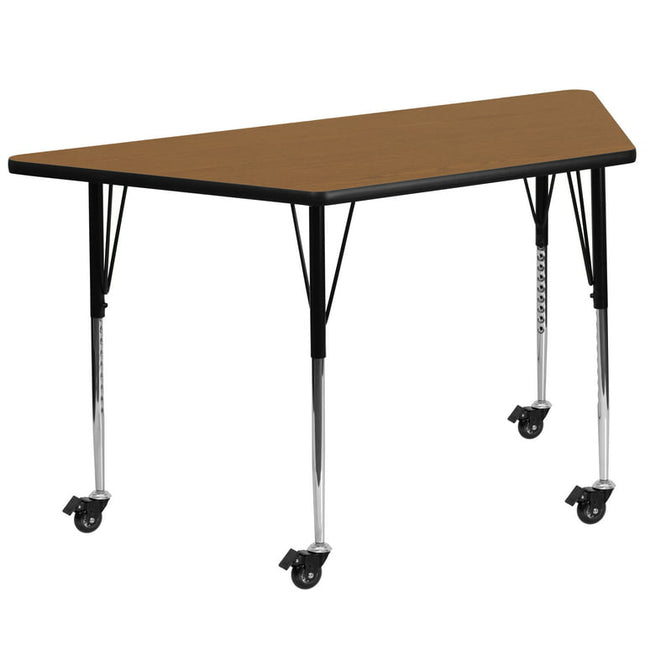 Flash Furniture Wren Mobile 29''W x 57''L Trapezoid Oak Thermal Laminate Activity Table - Standard Height Adjustable Legs