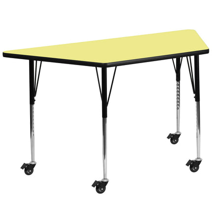 Flash Furniture Wren Mobile 29''W x 57''L Trapezoid Yellow Thermal Laminate Activity Table - Standard Height Adjustable Legs