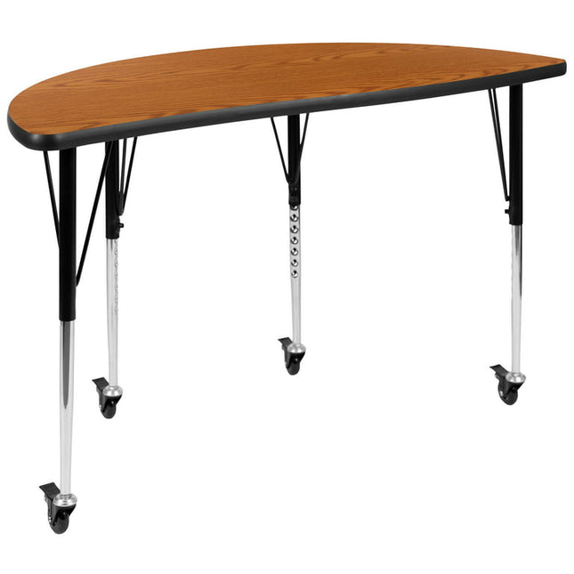 Flash Furniture Wren Mobile 47.5" Half Circle Wave Flexible Collaborative Oak Laminate Activity Table - Standard Height Adjustable Legs