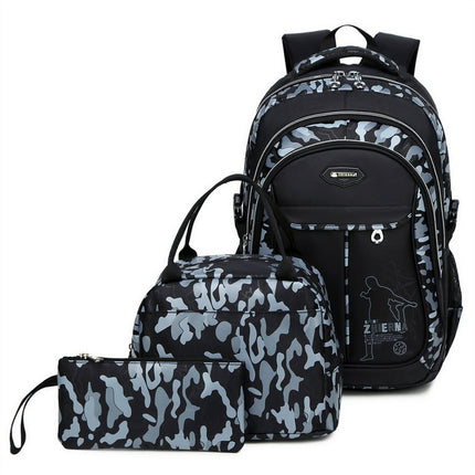 Forestfish Camo Gray Kids School Backpack Set for Teen Boys with Lunch Bag and Pencil Case Water Resistant Lightweight Large Bookbag for Middle School