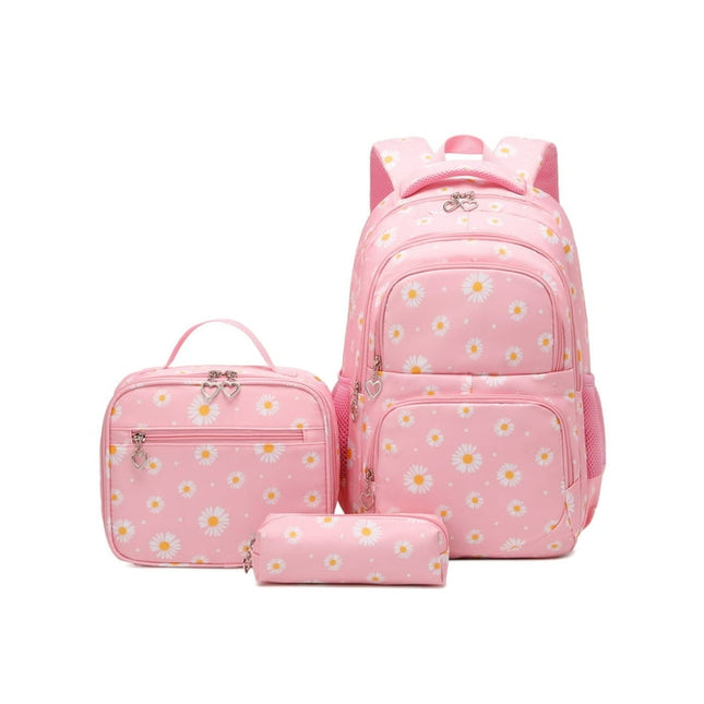 Forestfish Pink Daisy Kids Backpack Set for School with Lunch Bags Water Resistant Lightweight Large Backpacks for Teen Girls